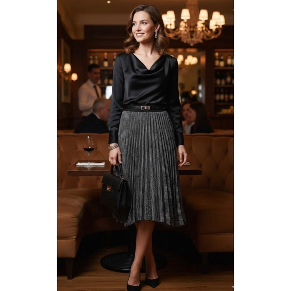 Elegant COVINGTON Black Satin Blouse with Gray Pleated Midi Skirt